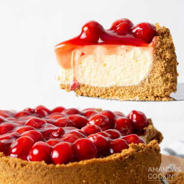 slice of instant pot cherry cheesecake on spatula