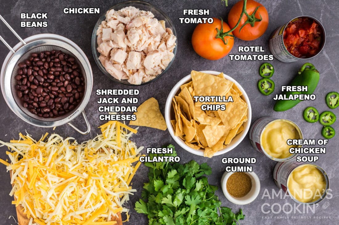 labeled ingredients for mexican chicken casserole