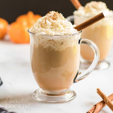 pumpkin spice latte in a clear mug