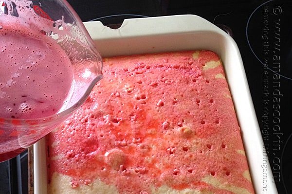 Pour the Jello over the holes in the top of the cake