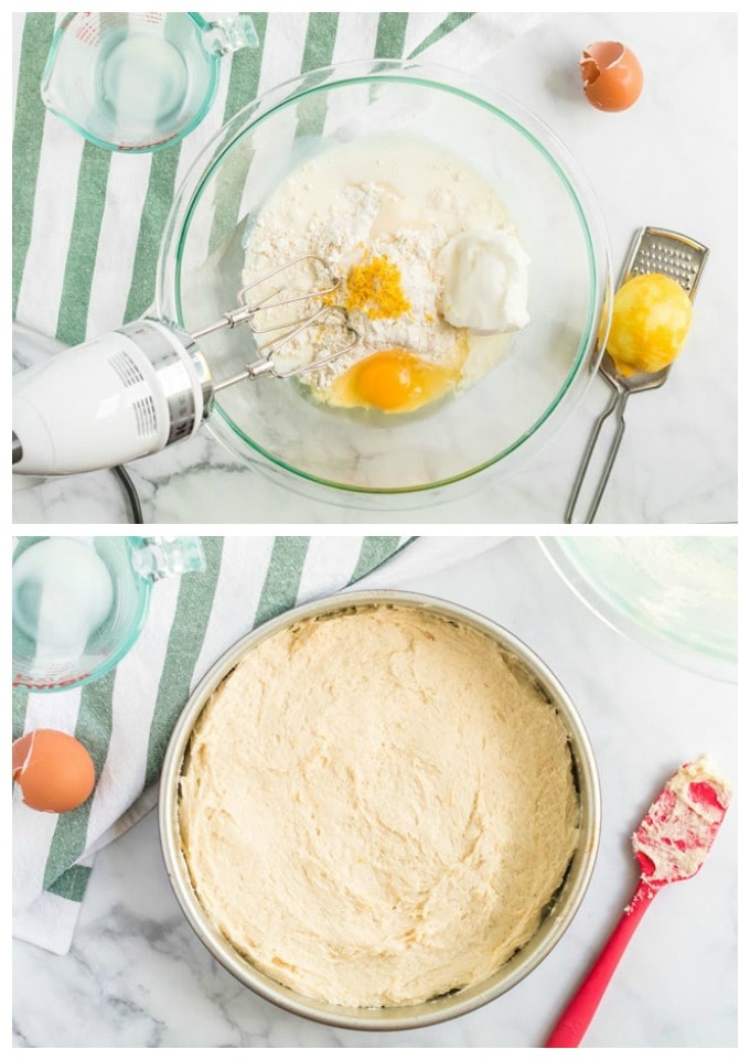 fig. 1 - mixing cake batter in a bowl; fig. 2 - batter spread into a cake pan