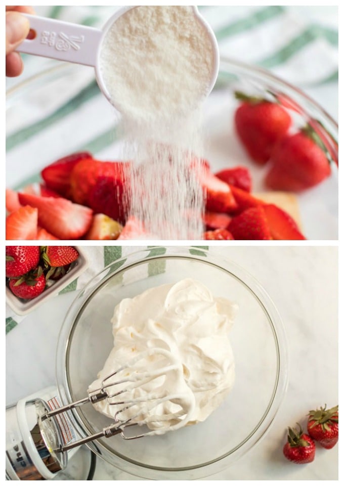 fig. 1 - pouring sugar on strawberries; fig. 2 - mixing up whipped cream in a bowl
